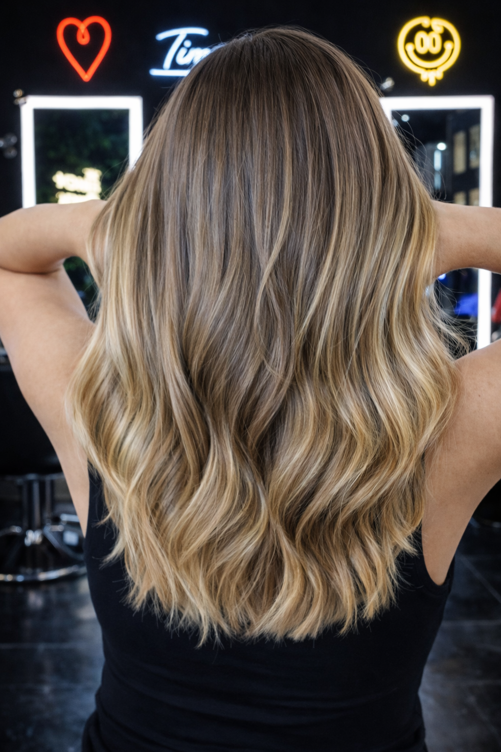 Long blonde balayage with blended highlights in Fort Lauderdale salon